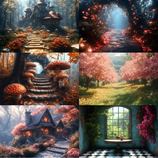 Alice in Wonderland Backdrop Set, Whimsical Digital Backgrounds for Photography, Fantasy Portrait Scenes, High-Res Wonderland Images