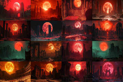 Blood Orange Moon streaming background, 16:9 ratio. Dark sky with a fiery orange moon, perfect for TV wallpaper or digital backdrops
