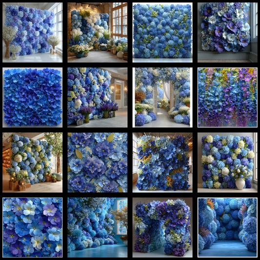 Blue Hydrangea Flower Wall Digital Backdrop, Floral Photography Background for Spring Portraits, for Social Media, Wedding Photo Booth Prop