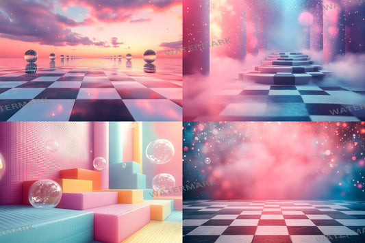 Wonderland Checkers Digital Backdrop Bundle - Surreal Fantasy Backgrounds with Checkerboard Floors for Whimsical Photoshop Composites Craft