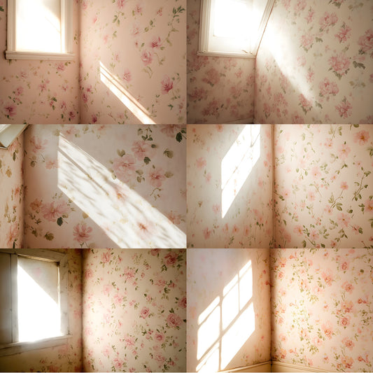 Vintage Floral Corner Light Wallpaper Backdrop, Elegant Photo Background for Portrait Photography, Digital Download Images