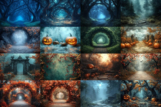 Halloween Forest Scene Photography Backdrops - 4High-Resolution PNG Backgrounds for Photoshop - Master Overlay for Creative Photo Editing