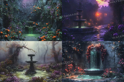 Witch's Eerie Garden Digital Backdrops - Spooky Enchanted Forest & Mystical Night Scenes for Halloween