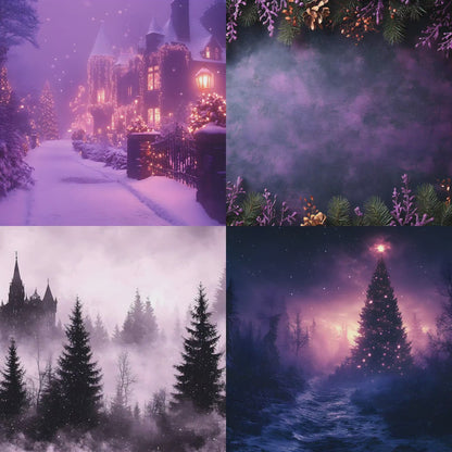 Gothic Purple Christmas Backdrop Set, Fantasy Holiday Backgrounds for Photography, Dark Festive Digital Backdrops, Winter Photo Overlays